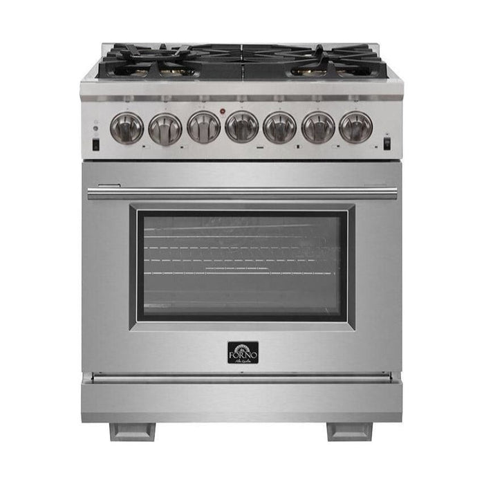 Forno Kitchen Appliance Packages Forno 3-Piece Appliance Package - 30-Inch Dual Fuel Range, 56-Inch Pro-Style Refrigerator & Wall Mount Hood with Backsplash in Stainless Steel