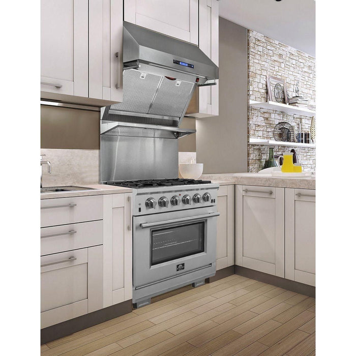 Forno Kitchen Appliance Packages Forno 3-Piece Appliance Package - 30-Inch Gas Range, 56-Inch Pro-Style Refrigerator & Wall Mount Hood with Backsplash in Stainless Steel