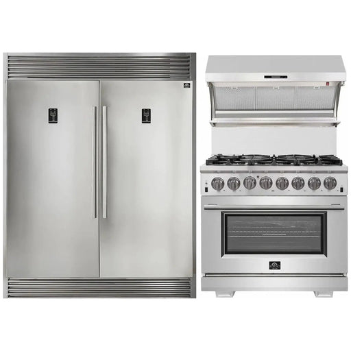 Forno 3-Piece Appliance Package - 36-Inch Dual Fuel Range, 56-Inch Pro-Style Refrigerator & Wall Mount Hood with Backsplash in Stainless Steel