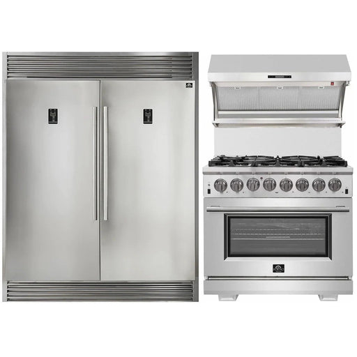 Forno Kitchen Appliance Packages Forno 3-Piece Appliance Package - 36-Inch Dual Fuel Range, 56-Inch Pro-Style Refrigerator & Wall Mount Hood with Backsplash in Stainless Steel