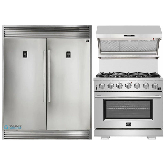 Forno Kitchen Appliance Packages Forno 3-Piece Appliance Package - 36-Inch Gas Range, 56-Inch Pro-Style Refrigerator & Wall Mount Hood with Backsplash in Stainless Steel