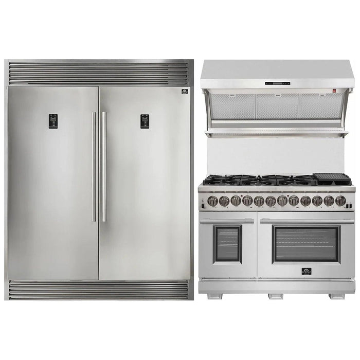 Forno 3-Piece Appliance Package - 48-Inch Dual Fuel Range, 56-Inch Pro-Style Refrigerator & Wall Mount Hood with Backsplash in Stainless Steel