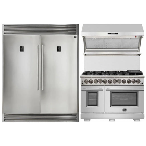 Forno Kitchen Appliance Packages Forno 3-Piece Appliance Package - 48-Inch Dual Fuel Range, 56-Inch Pro-Style Refrigerator & Wall Mount Hood with Backsplash in Stainless Steel