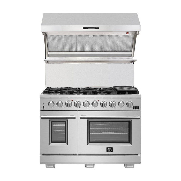 Forno Kitchen Appliance Packages Forno 3-Piece Appliance Package - 48-Inch Gas Range, 56-Inch Pro-Style Refrigerator & Wall Mount Hood with Backsplash in Stainless Steel
