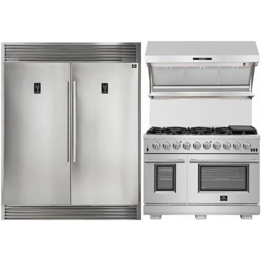 Forno Kitchen Appliance Packages Forno 3-Piece Appliance Package - 48-Inch Gas Range, 56-Inch Pro-Style Refrigerator & Wall Mount Hood with Backsplash in Stainless Steel