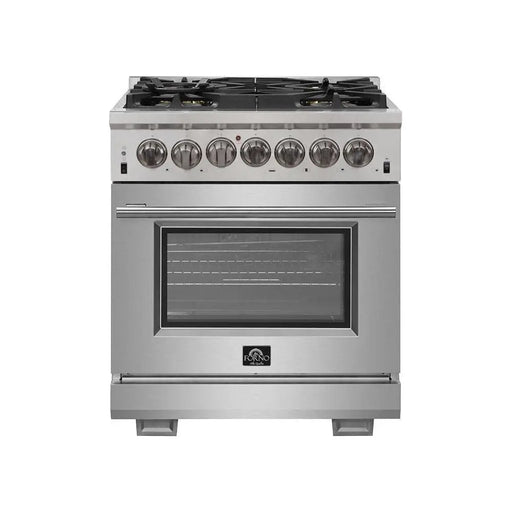 Forno 3-Piece Pro Appliance Package - 30-Inch Dual Fuel Range, Refrigerator, & Wall Mount Hood with Backsplash in Stainless Steel