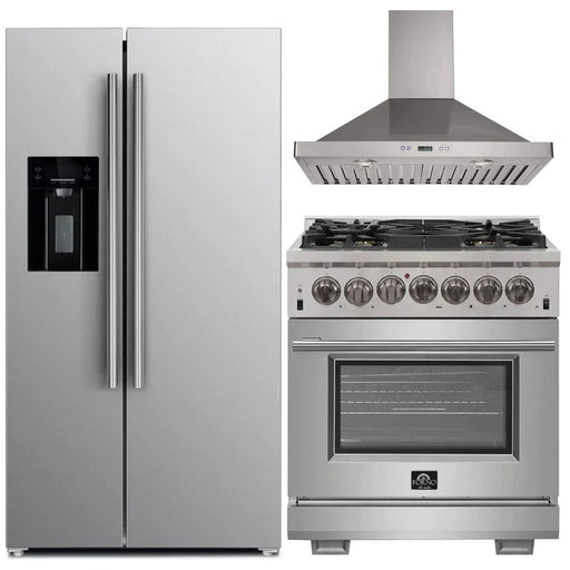 Forno Kitchen Appliance Packages Forno 3-Piece Pro Appliance Package - 30-Inch Dual Fuel Range, Refrigerator with Water Dispenser, & Wall Mount Hood in Stainless Steel