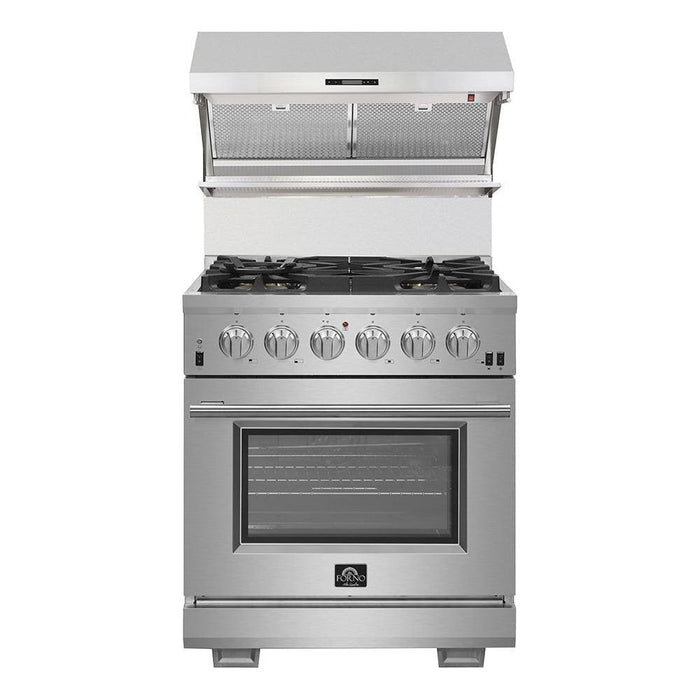 Forno Kitchen Appliance Packages Forno 3-Piece Pro Appliance Package - 30-Inch Dual Fuel Range, Refrigerator with Water Dispenser,& Wall Mount Hood with Backsplash in Stainless Steel