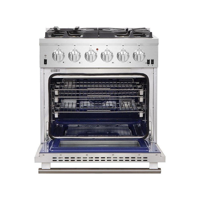 Forno Kitchen Appliance Packages Forno 3-Piece Pro Appliance Package - 30-Inch Gas Range, Refrigerator, & Wall Mount Hood with Backsplash in Stainless Steel