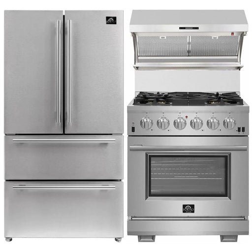 Forno Kitchen Appliance Packages Forno 3-Piece Pro Appliance Package - 30-Inch Gas Range, Refrigerator, & Wall Mount Hood with Backsplash in Stainless Steel