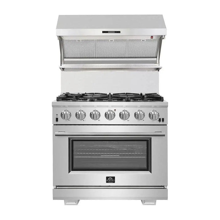 Forno 3-Piece Pro Appliance Package - 30-Inch Gas Range, Refrigerator with Water Dispenser,& Wall Mount Hood with Backsplash in Stainless Steel