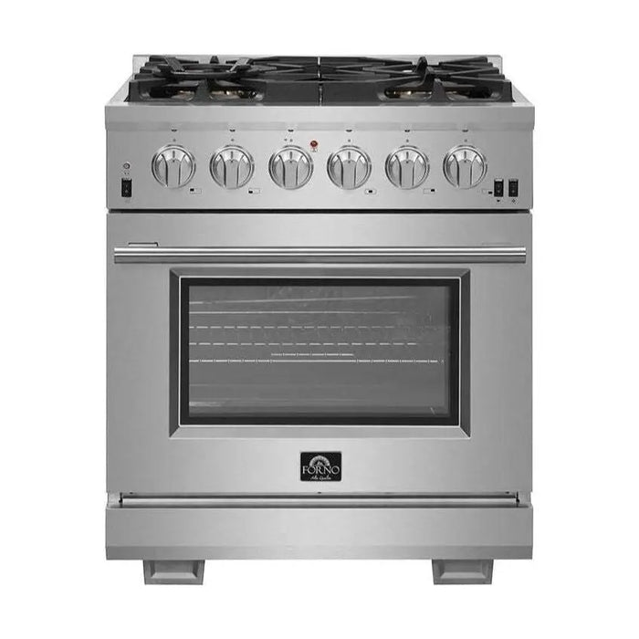 Forno 3-Piece Pro Appliance Package - 30-Inch Gas Range, Refrigerator with Water Dispenser,& Wall Mount Hood with Backsplash in Stainless Steel