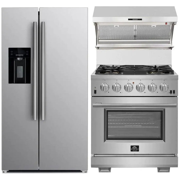 Forno 3-Piece Pro Appliance Package - 30-Inch Gas Range, Refrigerator with Water Dispenser,& Wall Mount Hood with Backsplash in Stainless Steel