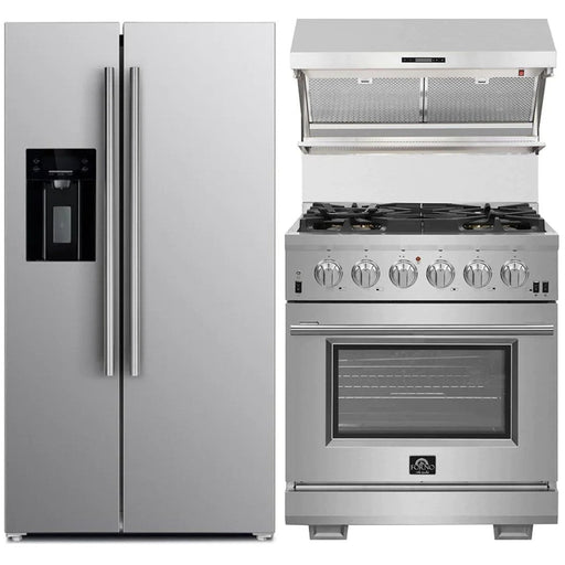Forno Kitchen Appliance Packages Forno 3-Piece Pro Appliance Package - 30-Inch Gas Range, Refrigerator with Water Dispenser,& Wall Mount Hood with Backsplash in Stainless Steel