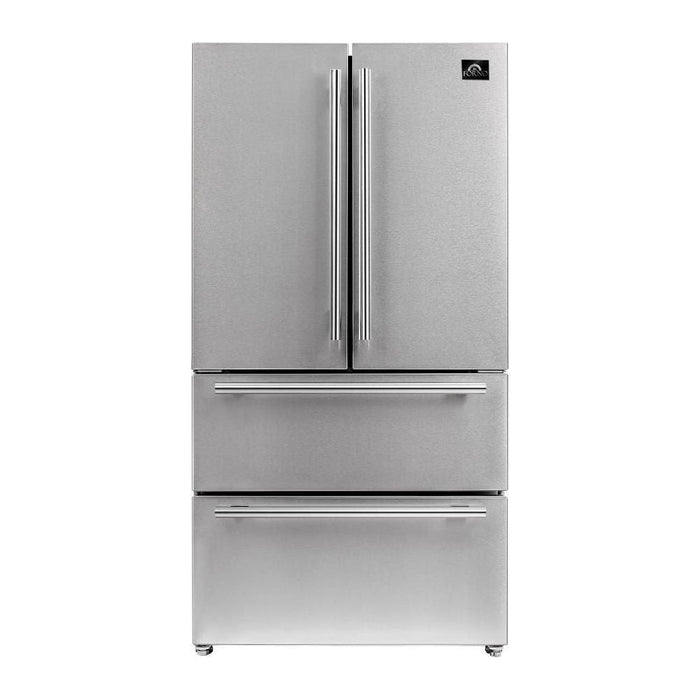 Forno 3-Piece Pro Appliance Package - 36-Inch Dual Fuel Range, 36-Inch Refrigerator & Wall Mount Hood with Backsplash in Stainless Steel