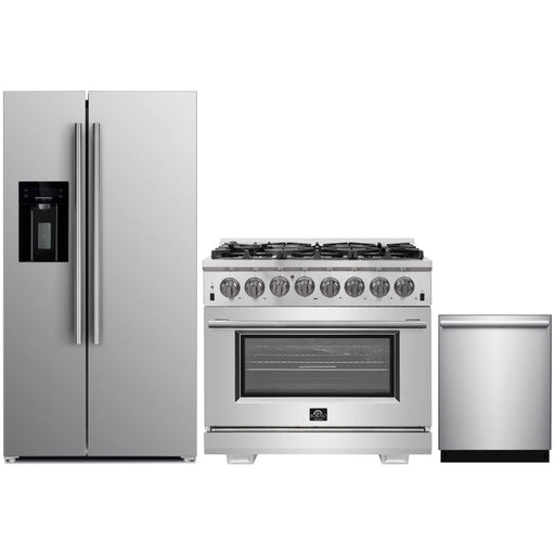 Forno Kitchen Appliance Packages Forno 3-Piece Pro Appliance Package - 36-Inch Dual Fuel Range, Refrigerator with Water Dispenser, & Dishwasher in Stainless Steel