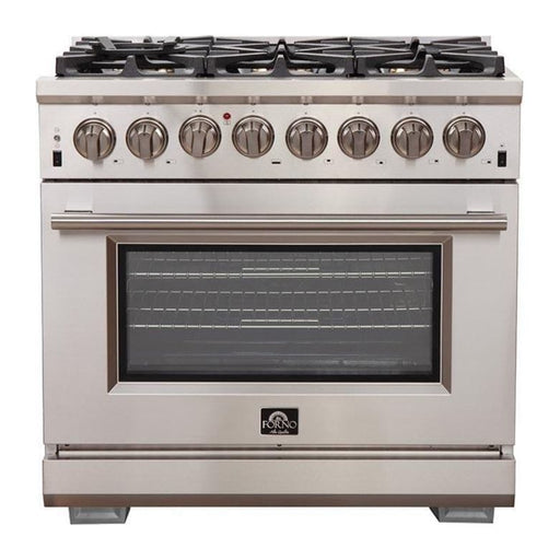 Forno Kitchen Appliance Packages Forno 3-Piece Pro Appliance Package - 36-Inch Dual Fuel Range, Refrigerator with Water Dispenser,& Wall Mount Hood with Backsplash in Stainless Steel