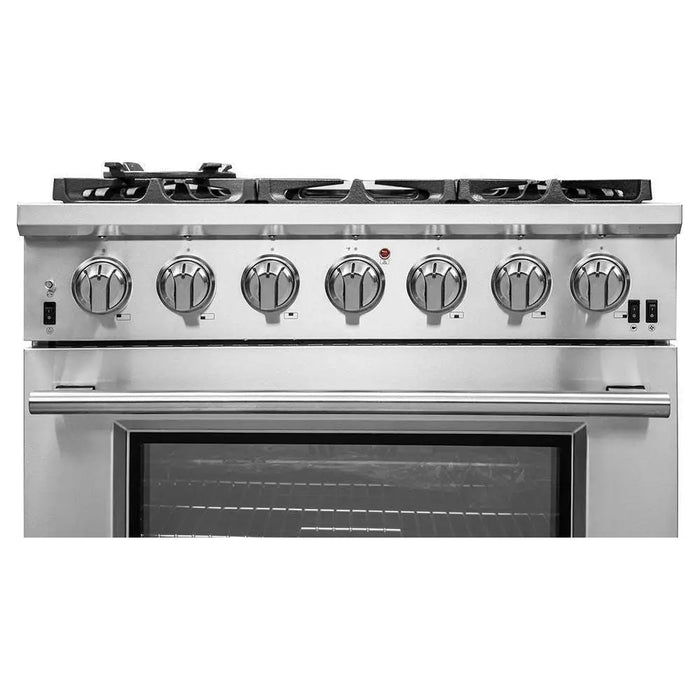 Forno 3-Piece Pro Appliance Package - 36-Inch Gas Range, Refrigerator, & Wall Mount Hood with Backsplash in Stainless Steel