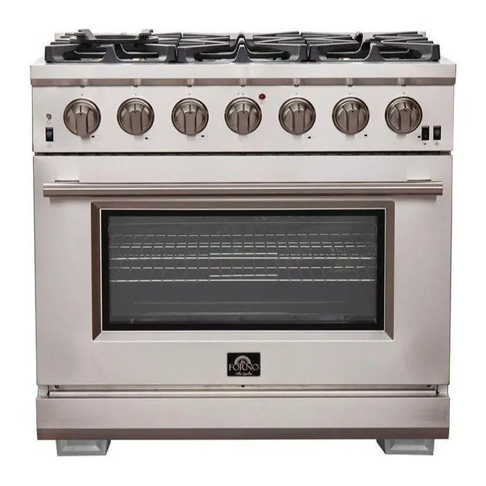 Forno 3-Piece Pro Appliance Package - 36-Inch Gas Range, Refrigerator, & Wall Mount Hood with Backsplash in Stainless Steel