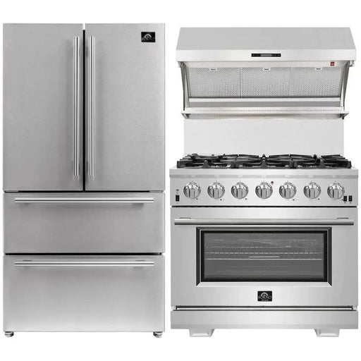 Forno 3-Piece Pro Appliance Package - 36-Inch Gas Range, Refrigerator, & Wall Mount Hood with Backsplash in Stainless Steel