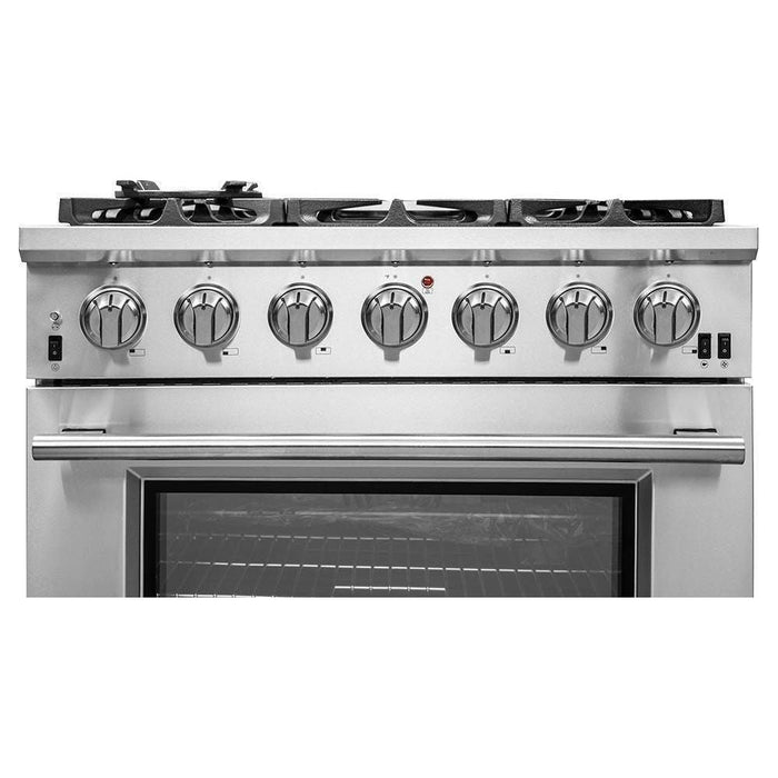 Forno Kitchen Appliance Packages Forno 3-Piece Pro Appliance Package - 36-Inch Gas Range, Refrigerator, & Wall Mount Hood with Backsplash in Stainless Steel