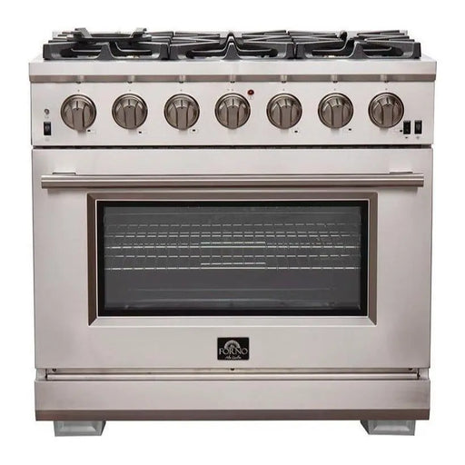 Forno 3-Piece Pro Appliance Package - 36-Inch Gas Range, Refrigerator with Water Dispenser,& Wall Mount Hood with Backsplash in Stainless Steel