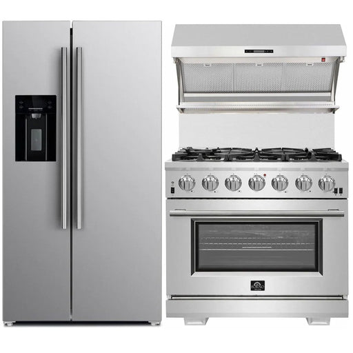 Forno Kitchen Appliance Packages Forno 3-Piece Pro Appliance Package - 36-Inch Gas Range, Refrigerator with Water Dispenser,& Wall Mount Hood with Backsplash in Stainless Steel