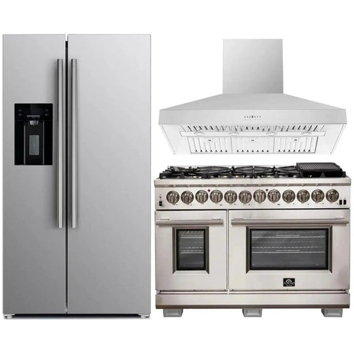 Forno 3-Piece Pro Appliance Package - 48-Inch Dual Fuel Range, Refrigerator with Water Dispenser, & Wall Mount Hood in Stainless Steel