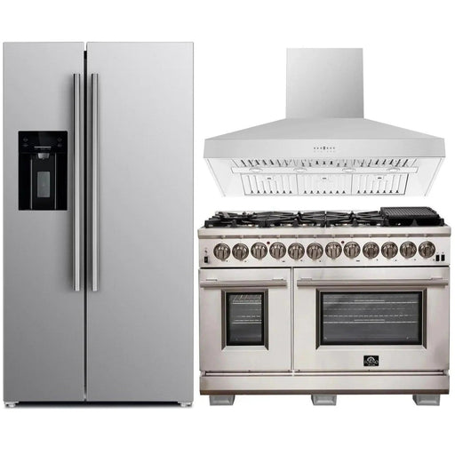 Forno Kitchen Appliance Packages Forno 3-Piece Pro Appliance Package - 48-Inch Dual Fuel Range, Refrigerator with Water Dispenser, & Wall Mount Hood in Stainless Steel