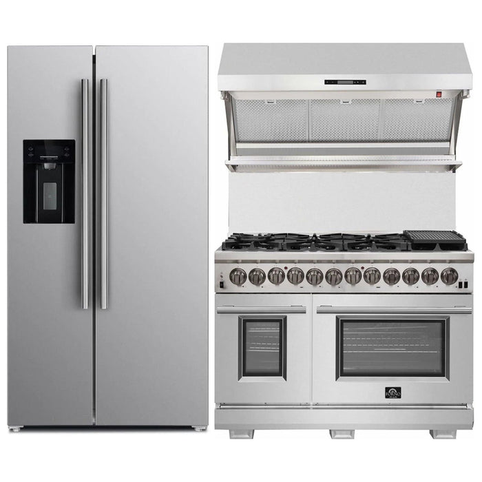 Forno 3-Piece Pro Appliance Package - 48-Inch Dual Fuel Range, Refrigerator with Water Dispenser,& Wall Mount Hood with Backsplash in Stainless Steel