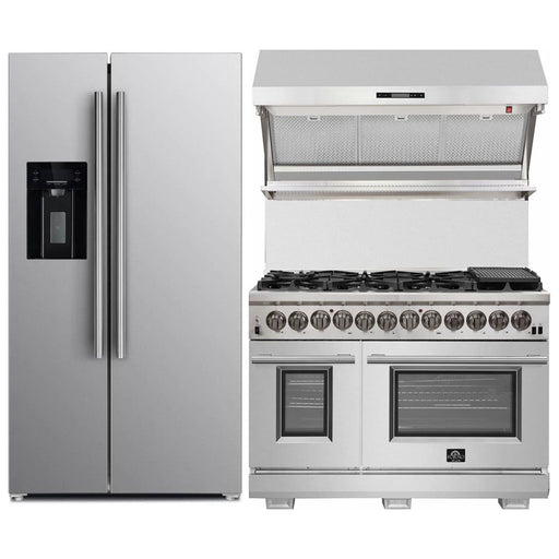 Forno Kitchen Appliance Packages Forno 3-Piece Pro Appliance Package - 48-Inch Dual Fuel Range, Refrigerator with Water Dispenser,& Wall Mount Hood with Backsplash in Stainless Steel