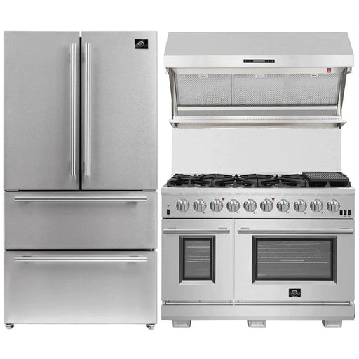 Forno Kitchen Appliance Packages Forno 3-Piece Pro Appliance Package - 48-Inch Gas Range, 36-Inch Refrigerator & Wall Mount Hood with Backsplash in Stainless Steel