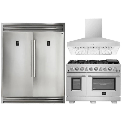 Forno Kitchen Appliance Packages Forno 3-Piece Pro Appliance Package - 48-Inch Gas Range, 56-Inch Pro-Style Refrigerator & Wall Mount Hood in Stainless Steel