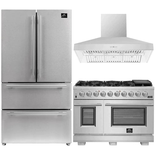 Forno Kitchen Appliance Packages Forno 3-Piece Pro Appliance Package - 48-Inch Gas Range, Refrigerator, Wall Mount Hood in Stainless Steel