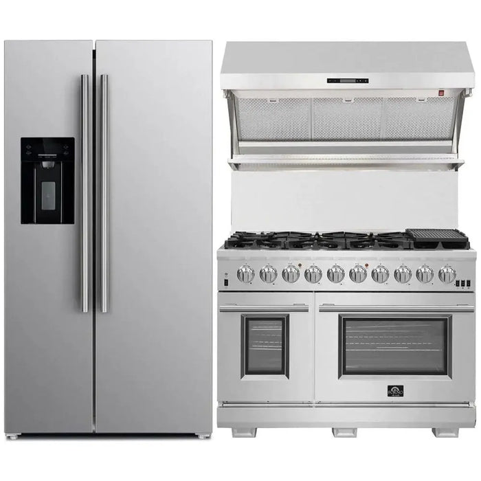 Forno 3-Piece Pro Appliance Package - 48-Inch Gas Range, Refrigerator with Water Dispenser,& Wall Mount Hood with Backsplash in Stainless Steel