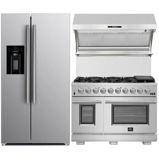 Forno Kitchen Appliance Packages Forno 3-Piece Pro Appliance Package - 48-Inch Gas Range, Refrigerator with Water Dispenser,& Wall Mount Hood with Backsplash in Stainless Steel