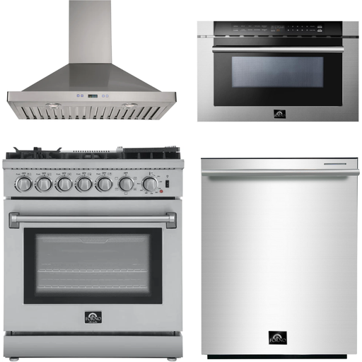 Forno Kitchen Appliance Packages Forno 30" Dual Fuel Range, 30" Range Hood, Dishwasher and Microwave Drawer Appliance Package