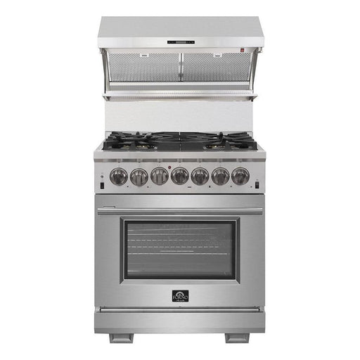 Forno 30" Dual Fuel Range, Premium Hood, French Door Refrigerator & Stainless Steel Dishwasher Pro Appliance Package