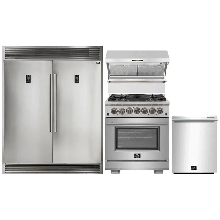 Forno 30" Dual Fuel Range, Premium Hood, Pro-Style Refrigerator & Stainless Steel Dishwasher Pro Appliance Package