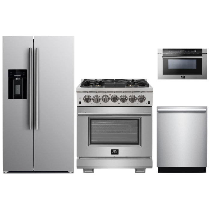 Forno 30" Dual Fuel Range, Refrigerator with Water Dispenser, Microwave Drawer & Stainless Steel 3-Rack Dishwasher Pro Appliance Package