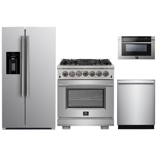 Forno Kitchen Appliance Packages Forno 30" Dual Fuel Range, Refrigerator with Water Dispenser, Microwave Drawer & Stainless Steel 3-Rack Dishwasher Pro Appliance Package