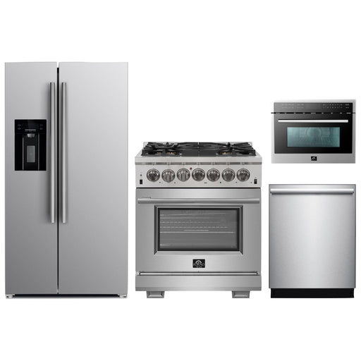 Forno Kitchen Appliance Packages Forno 30" Dual Fuel Range, Refrigerator with Water Dispenser, Microwave Oven & Stainless Steel 3-Rack Dishwasher Pro Appliance Package