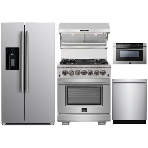 Forno 30" Dual Fuel Range, Refrigerator with Water Dispenser, Wall Mount Hood with Backsplash, Microwave Drawer and Stainless Steel 3-Rack Dishwasher Pro Appliance Package