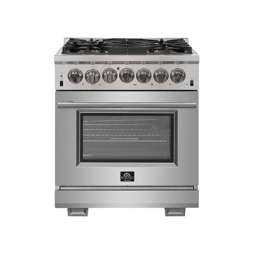 Forno Kitchen Appliance Packages Forno 30" Dual Fuel Range, Refrigerator with Water Dispenser, Wall Mount Hood with Backsplash, Microwave Drawer and Stainless Steel 3-Rack Dishwasher Pro Appliance Package
