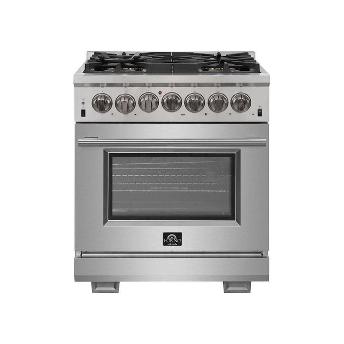 Forno Kitchen Appliance Packages Forno 30" Dual Fuel Range, Refrigerator with Water Dispenser, Wall Mount Hood with Backsplash, Microwave Drawer and Stainless Steel 3-Rack Dishwasher Pro Appliance Package