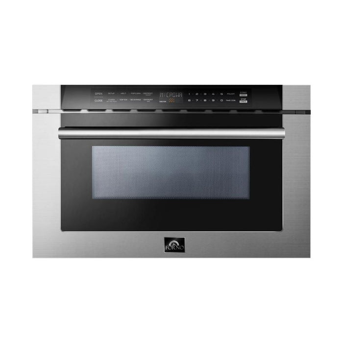 Forno Kitchen Appliance Packages Forno 30" Dual Fuel Range, Refrigerator with Water Dispenser, Wall Mount Hood with Backsplash, Microwave Drawer and Stainless Steel 3-Rack Dishwasher Pro Appliance Package