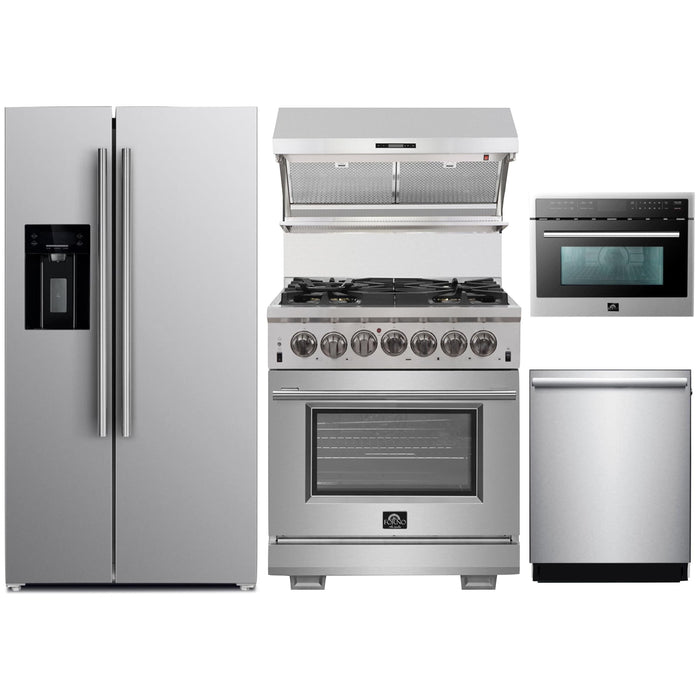 Forno Kitchen Appliance Packages Forno 30" Dual Fuel Range, Refrigerator with Water Dispenser, Wall Mount Hood with Backsplash, Microwave Oven and Stainless Steel 3-Rack Dishwasher Pro Appliance Package