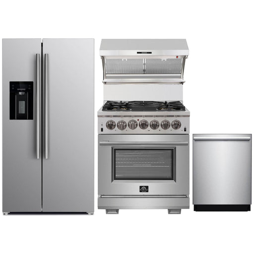 Forno Kitchen Appliance Packages Forno 30" Dual Fuel Range, Refrigerator with Water Dispenser, Wall Mount Hood with Backsplash & Stainless Steel 3-Rack Dishwasher Pro Appliance Package