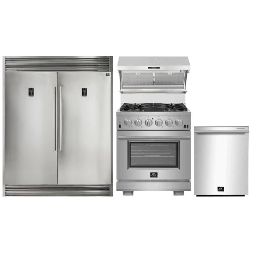 Forno Kitchen Appliance Packages Forno 30" Gas Range, 56" Pro-Style Refrigerator, Wall Mount Hood with Backsplash & Stainless Steel Dishwasher Pro Appliance Package
