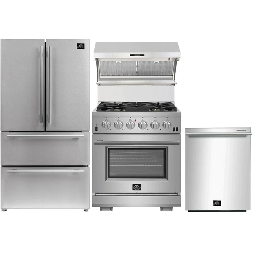 Forno 30" Gas Range, French Door Refrigerator, Wall Mount Hood with Backsplash and Stainless Steel Dishwasher Pro Appliance Package